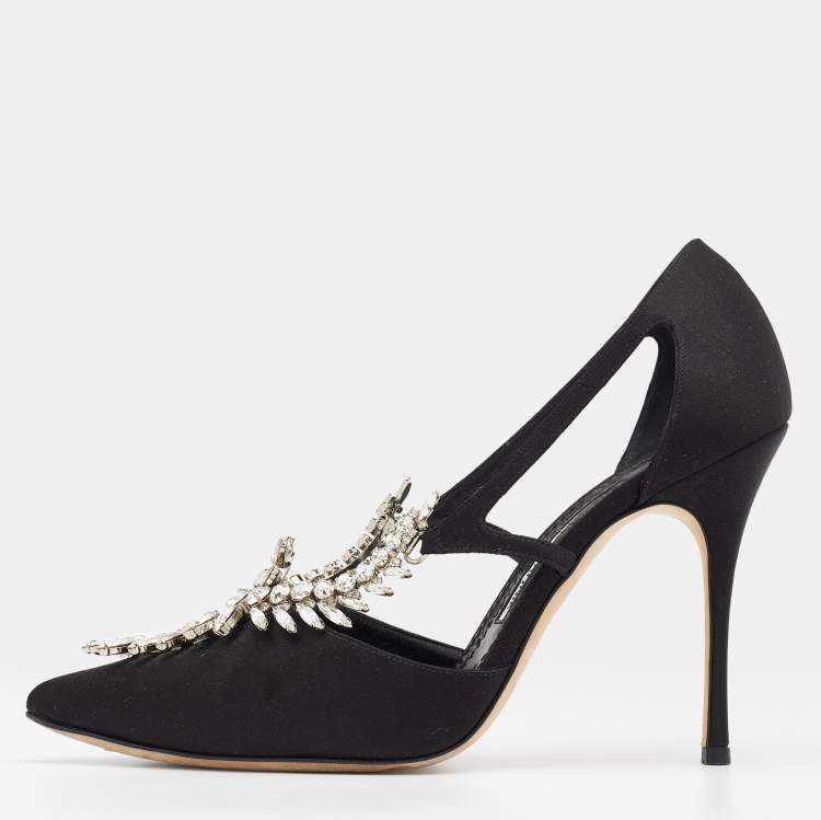 Pre Owned Manolo Blahnik Black Satin Lala Embellished Pumps Size 38.5