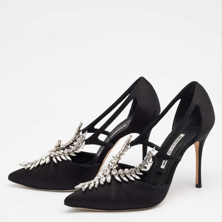 Pre Owned Manolo Blahnik Black Satin Lala Embellished Pumps Size 38.5