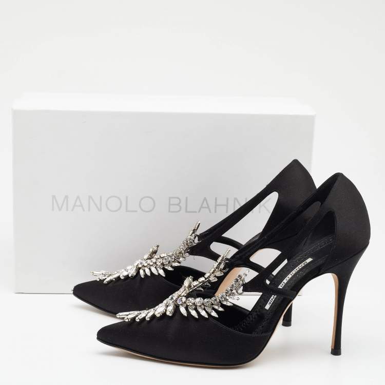 Pre Owned Manolo Blahnik Black Satin Lala Embellished Pumps Size 38.5