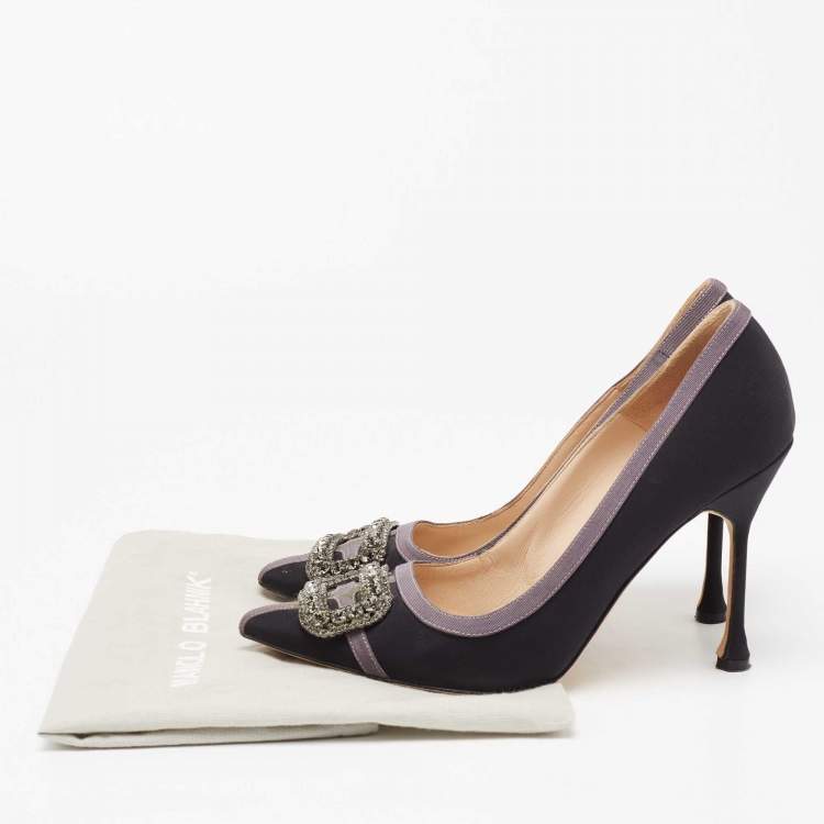 Pre Owned Manolo Blahnik Black/Purple Satin Gotrian Pumps Size 39.5