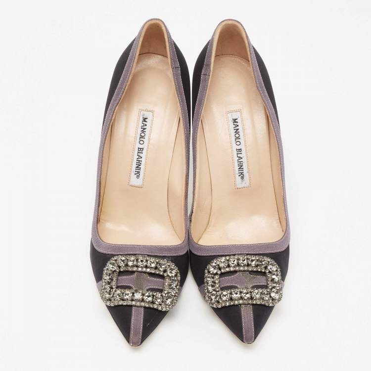 Pre Owned Manolo Blahnik Black/Purple Satin Gotrian Pumps Size 39.5