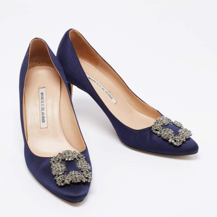 Pre Owned Manolo Blahnik Navy Blue Satin Hangisi Pumps Size 39