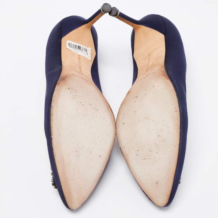 Pre Owned Manolo Blahnik Navy Blue Satin Hangisi Pumps Size 39