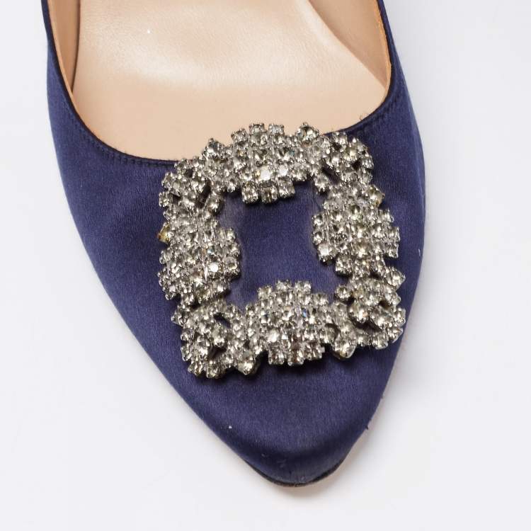 Pre Owned Manolo Blahnik Navy Blue Satin Hangisi Pumps Size 39