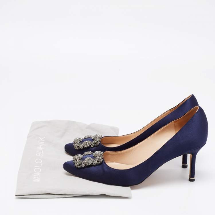 Pre Owned Manolo Blahnik Navy Blue Satin Hangisi Pumps Size 39