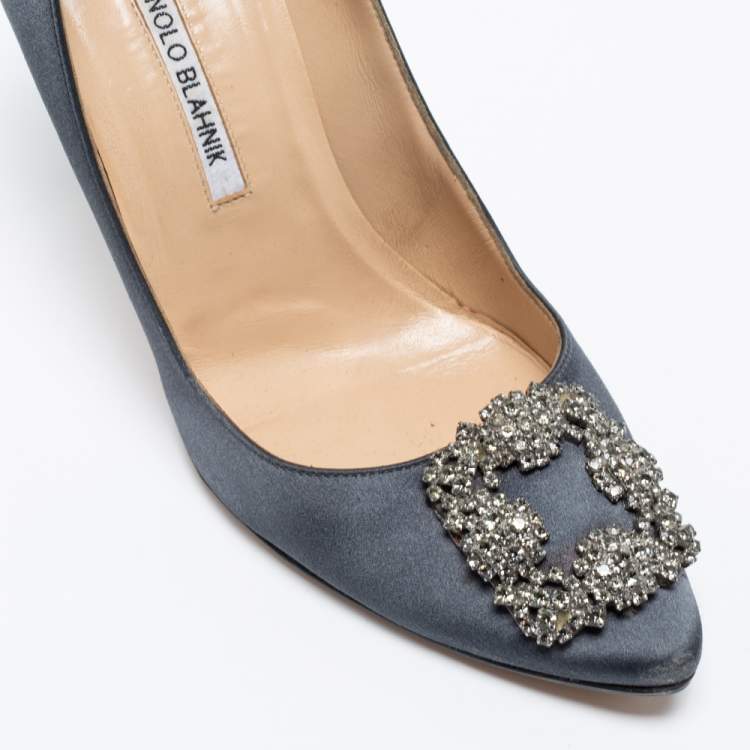 Pre Owned Manolo Blahnik Grey Satin Hangisi Pointed Toe Pumps Size 39