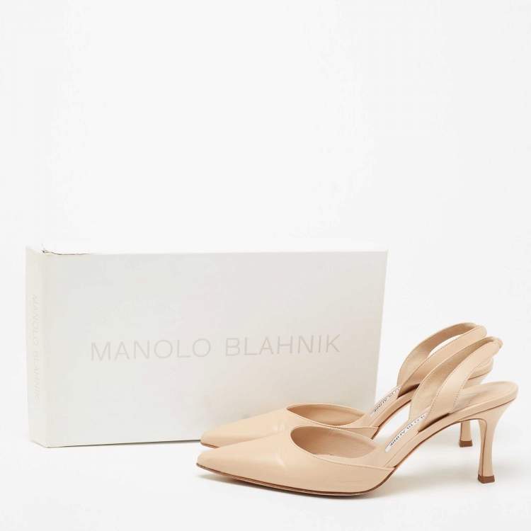 Pre Owned Manolo Blahnik Beige Leather Carolyne Slingback Pumps Size 37.5