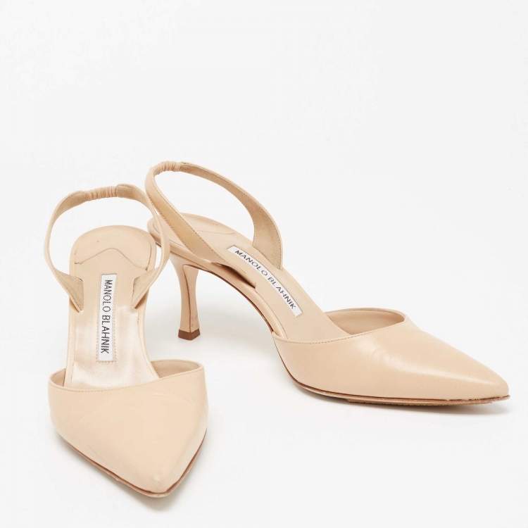 Pre Owned Manolo Blahnik Beige Leather Carolyne Slingback Pumps Size 37.5