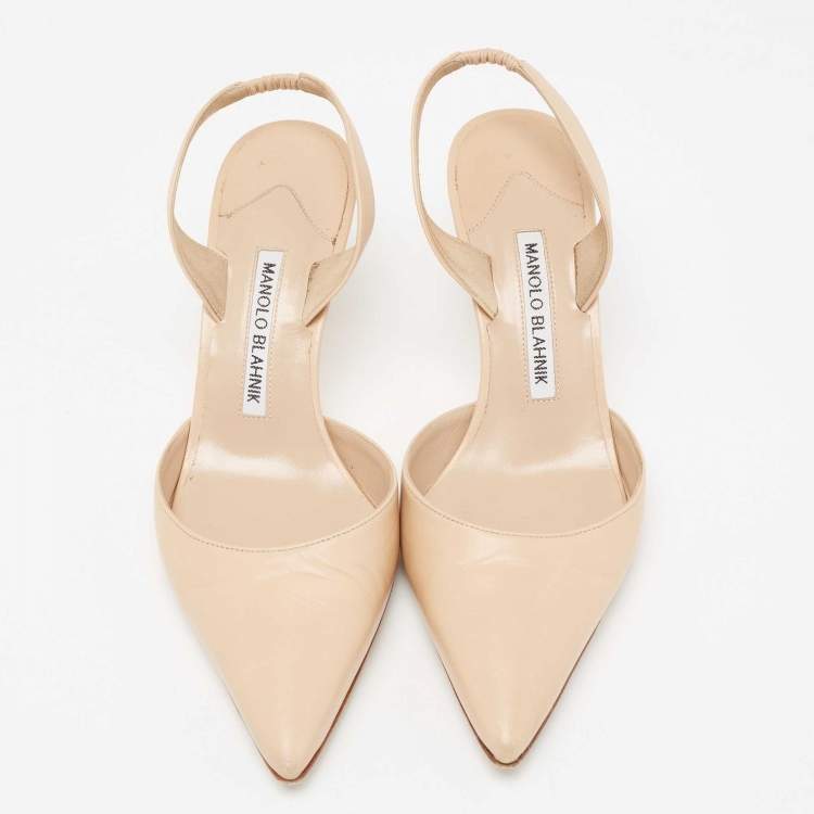 Pre Owned Manolo Blahnik Beige Leather Carolyne Slingback Pumps Size 37.5