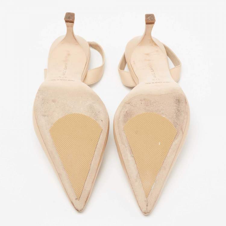 Pre Owned Manolo Blahnik Beige Leather Carolyne Slingback Pumps Size 37.5