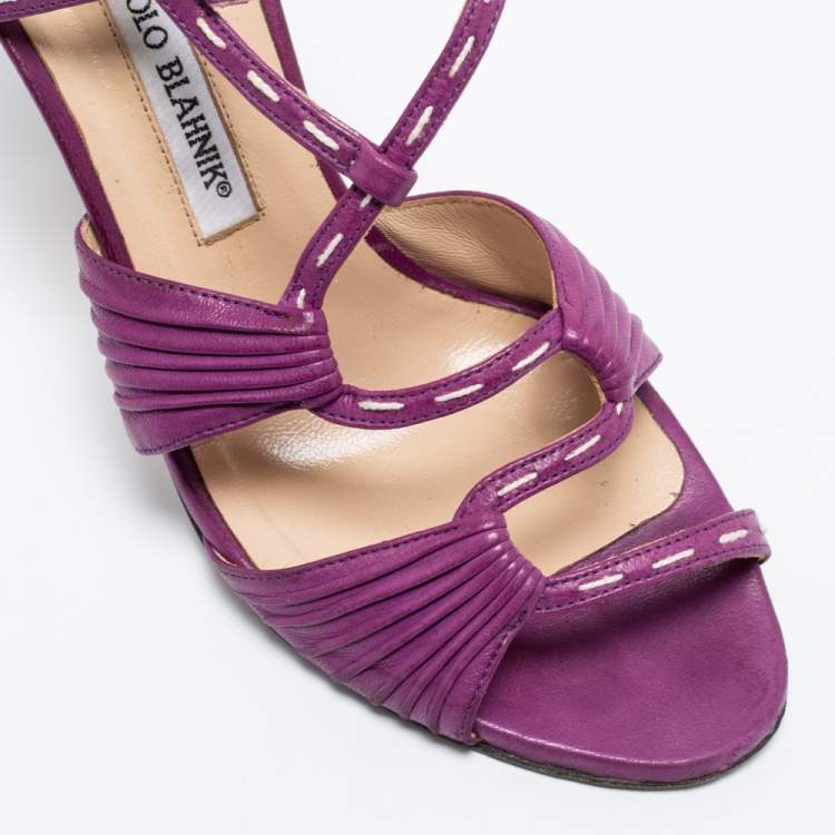 Pre Owned Manolo Blahnik Purple Leather Slingback Sandals Size 38