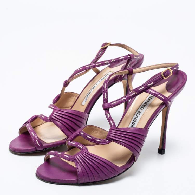 Pre Owned Manolo Blahnik Purple Leather Slingback Sandals Size 38