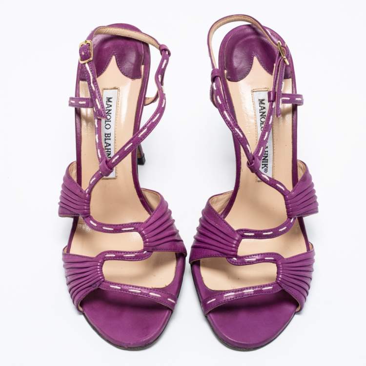 Pre Owned Manolo Blahnik Purple Leather Slingback Sandals Size 38