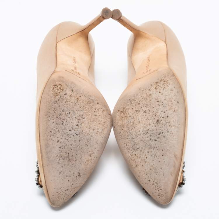 Pre Owned Manolo Blahnik Brown Satin Hangisi Embellished Pointed Toe Pumps Size 36.5