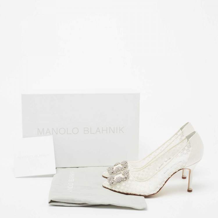 Pre Owned Manolo Blahnik White/Grey Lace and Satin Hangisi Pointed Toe Pumps Size 36