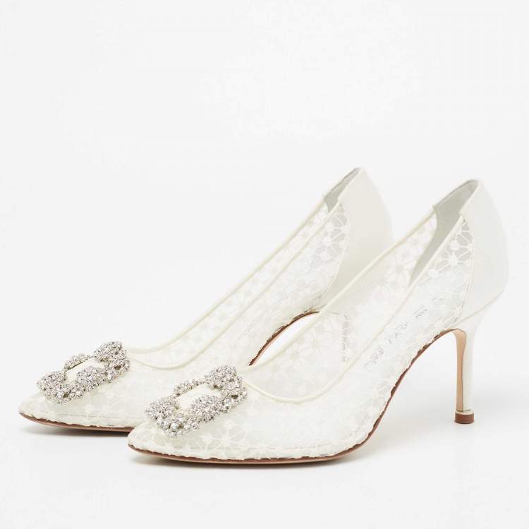 Manolo Blahnik White/Grey Lace and Satin Hangisi Pointed Toe Pumps Size 36  Manolo Blahnik | TLC