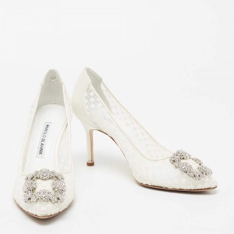 Pre Owned Manolo Blahnik White/Grey Lace and Satin Hangisi Pointed Toe Pumps Size 36