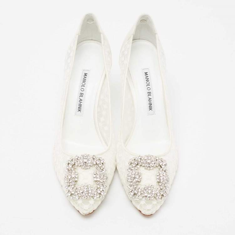 Pre Owned Manolo Blahnik White/Grey Lace and Satin Hangisi Pointed Toe Pumps Size 36