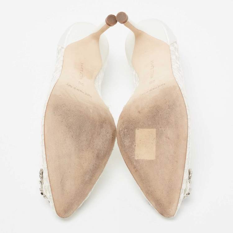 Pre Owned Manolo Blahnik White/Grey Lace and Satin Hangisi Pointed Toe Pumps Size 36
