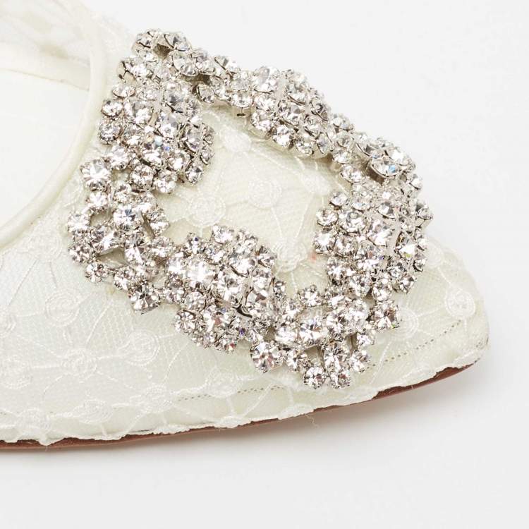 Pre Owned Manolo Blahnik White/Grey Lace and Satin Hangisi Pointed Toe Pumps Size 36
