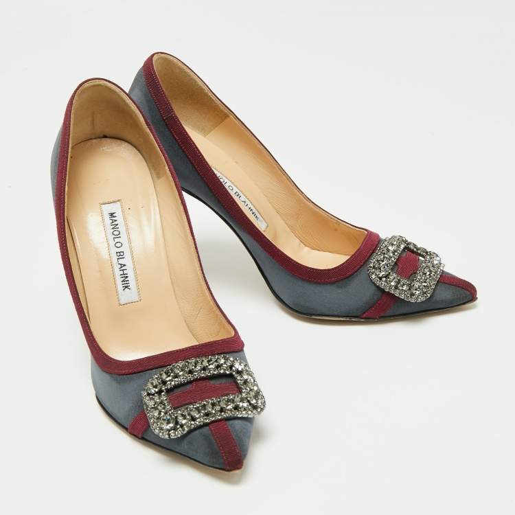 Pre Owned Manolo Blahnik  Grey/Burgundy Fabric and Canvas  Crystal Gotrian Pumps Size 37.5 