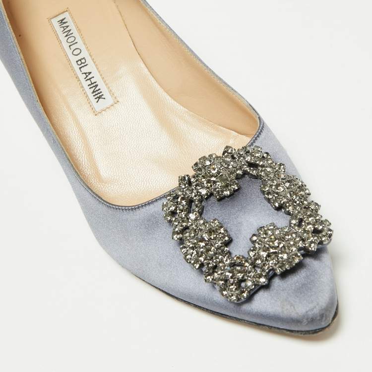 Pre Owned Manolo Blahnik Grey Satin Hangisi Crystal Embellished Pumps Size 37