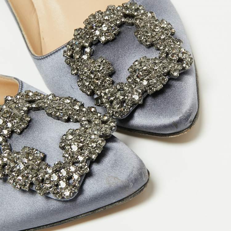 Pre Owned Manolo Blahnik Grey Satin Hangisi Crystal Embellished Pumps Size 37