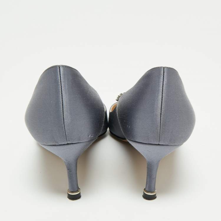 Pre Owned Manolo Blahnik Grey Satin Hangisi Crystal Embellished Pumps Size 37