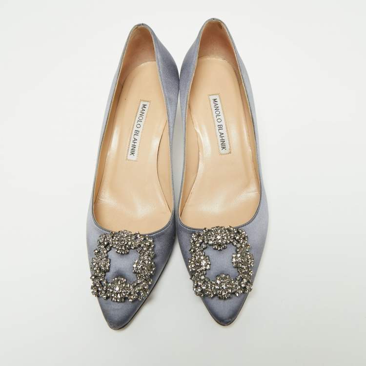 Pre Owned Manolo Blahnik Grey Satin Hangisi Crystal Embellished Pumps Size 37