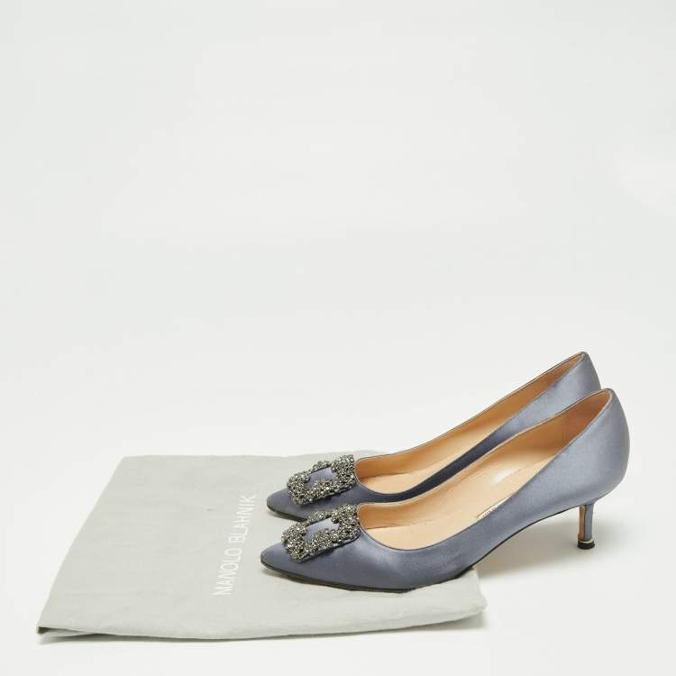 Pre Owned Manolo Blahnik Grey Satin Hangisi Crystal Embellished Pumps Size 37