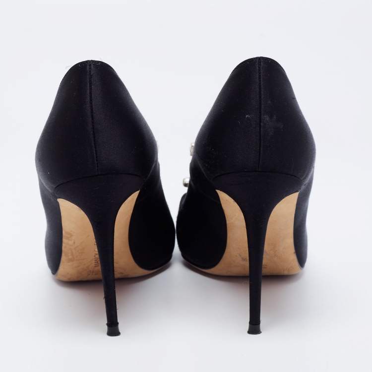 Pre Owned Manolo Blahnik Black Satin Borlak Crystal Embellished Pointed Toe Pumps Size 36.5