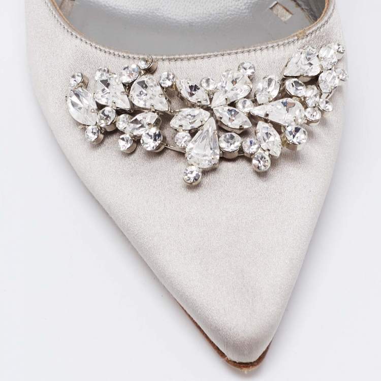 Pre Owned Manolo Blahnik Grey Crystal Embellished Satin Lurum Mule Sandals Size 38.5