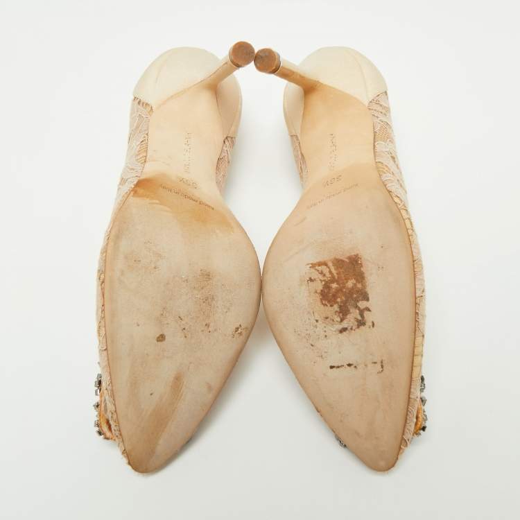 Pre Owned Manolo Blahnik Beige Lace Hangisi Pumps Size 36.5