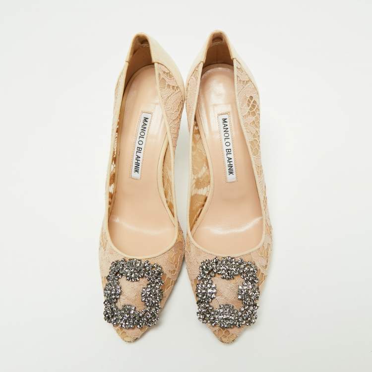 Pre Owned Manolo Blahnik Beige Lace Hangisi Pumps Size 36.5