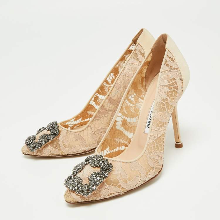 Pre Owned Manolo Blahnik Beige Lace Hangisi Pumps Size 36.5