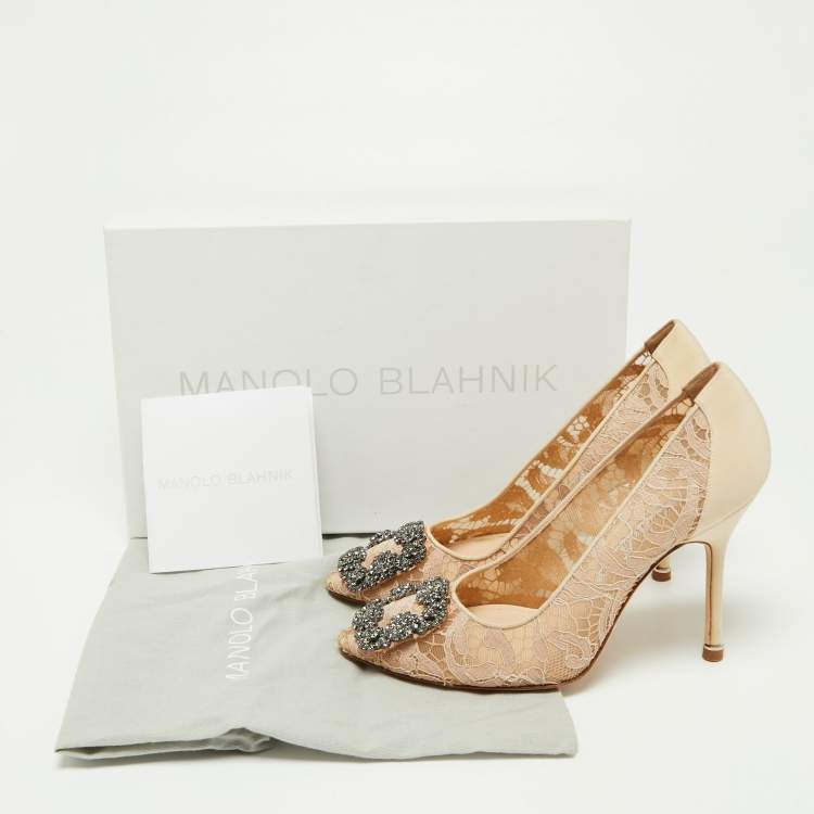 Pre Owned Manolo Blahnik Beige Lace Hangisi Pumps Size 36.5