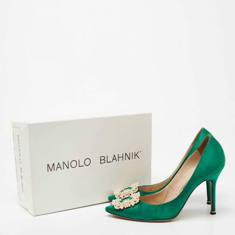 Pre Owned Manolo Blahnik Green Satin Hangisi Pumps Size 38.5