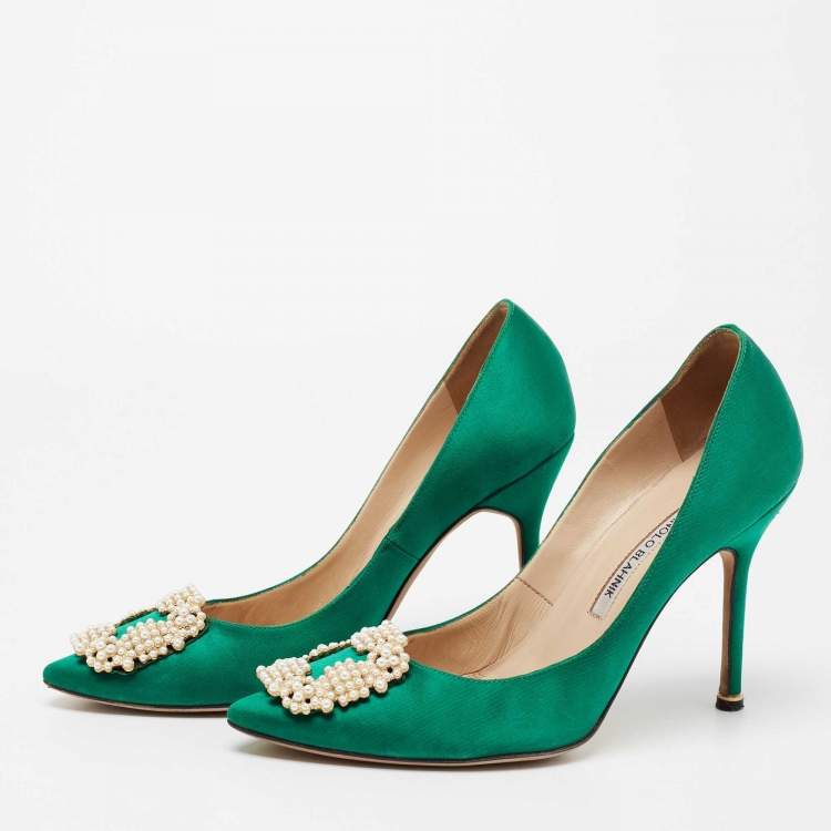 Pre Owned Manolo Blahnik Green Satin Hangisi Pumps Size 38.5
