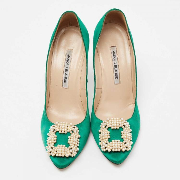 Pre Owned Manolo Blahnik Green Satin Hangisi Pumps Size 38.5