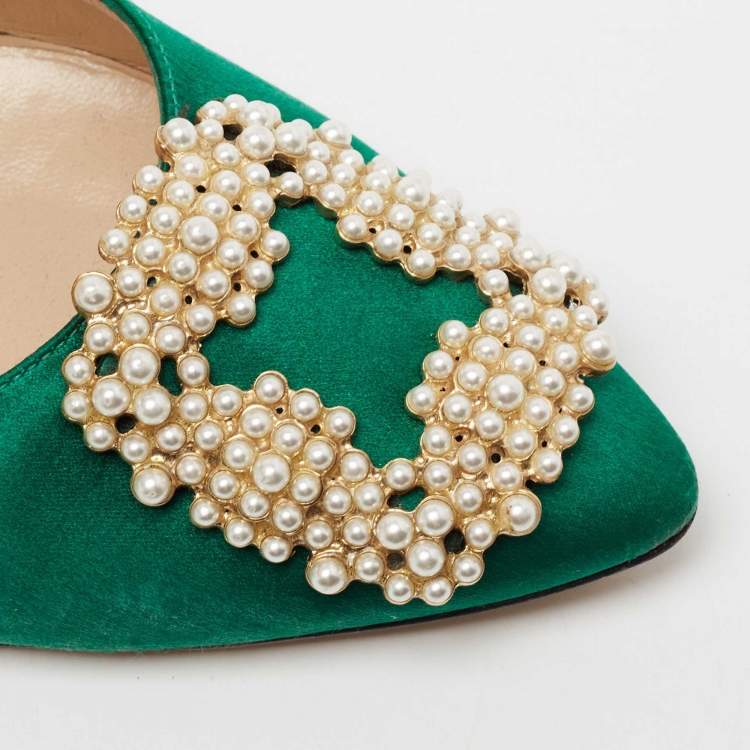 Pre Owned Manolo Blahnik Green Satin Hangisi Pumps Size 38.5