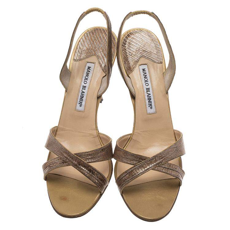 Pre Owned Manolo Blahnik Brown Lizard Emboss Leather Callasli Slingback Sandals Size 40