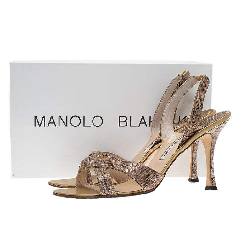 Pre Owned Manolo Blahnik Brown Lizard Emboss Leather Callasli Slingback Sandals Size 40