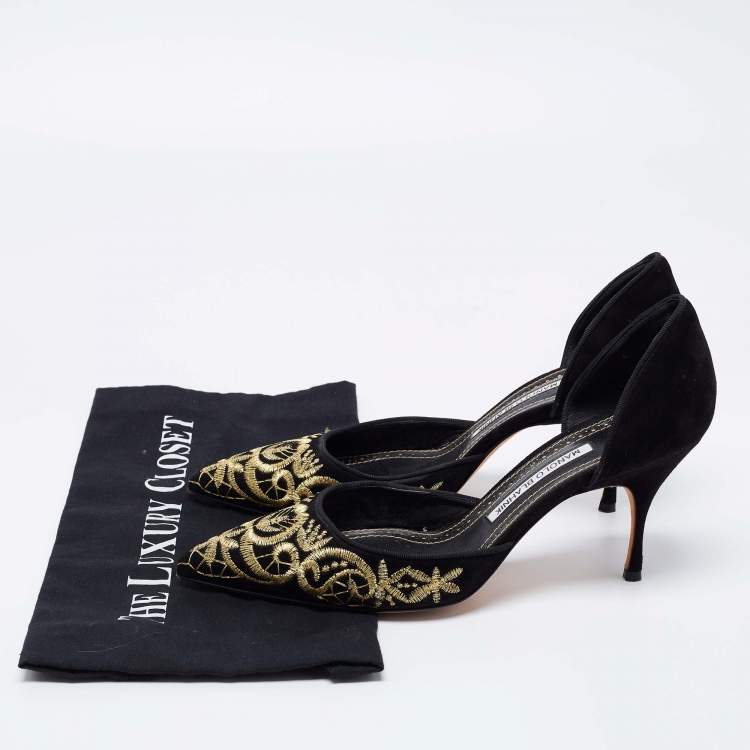 Pre Owned Manolo Blahnik Black Suede Embroidered Volta D'Orsay Pumps Size 39.5
