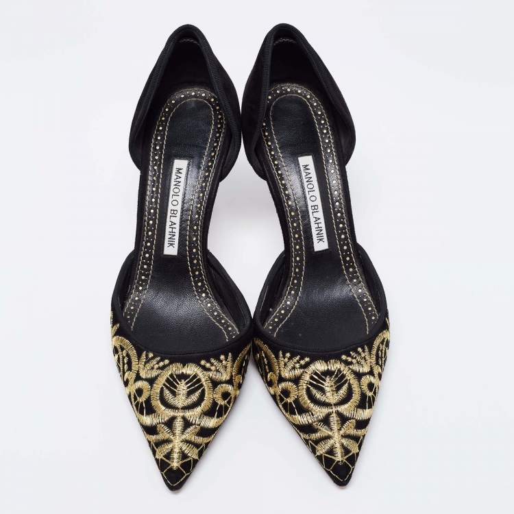 Pre Owned Manolo Blahnik Black Suede Embroidered Volta D'Orsay Pumps Size 39.5