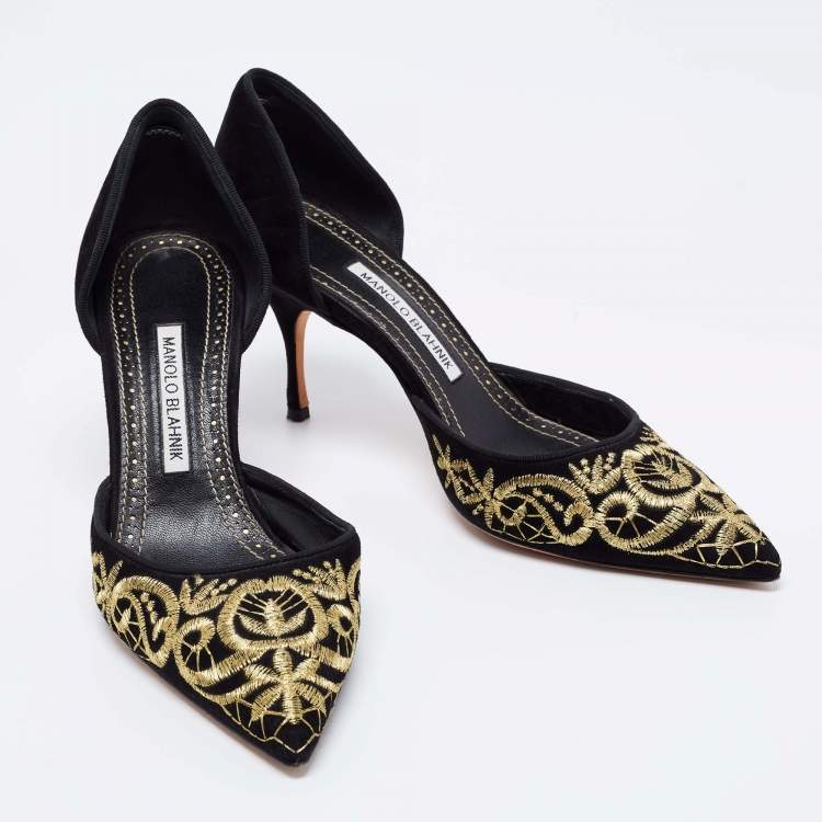 Pre Owned Manolo Blahnik Black Suede Embroidered Volta D'Orsay Pumps Size 39.5