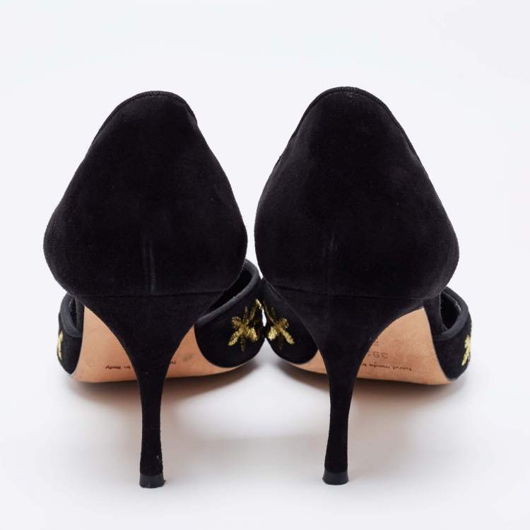Pre Owned Manolo Blahnik Black Suede Embroidered Volta D'Orsay Pumps Size 39.5