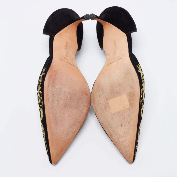 Pre Owned Manolo Blahnik Black Suede Embroidered Volta D'Orsay Pumps Size 39.5
