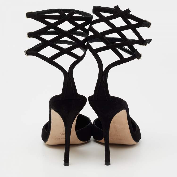 Pre Owned Manolo Blahnik Black Suede Strappy Ankle Cuff Pointed Toe Sandals Size 40.5