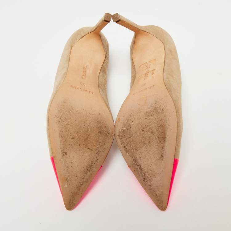 Pre Owned Manolo Blahnik Beige/Pink Suede And Leather Cap-Toe Bipunta Pumps Size 38