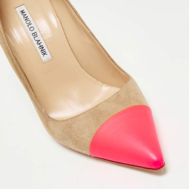 Pre Owned Manolo Blahnik Beige/Pink Suede And Leather Cap-Toe Bipunta Pumps Size 38
